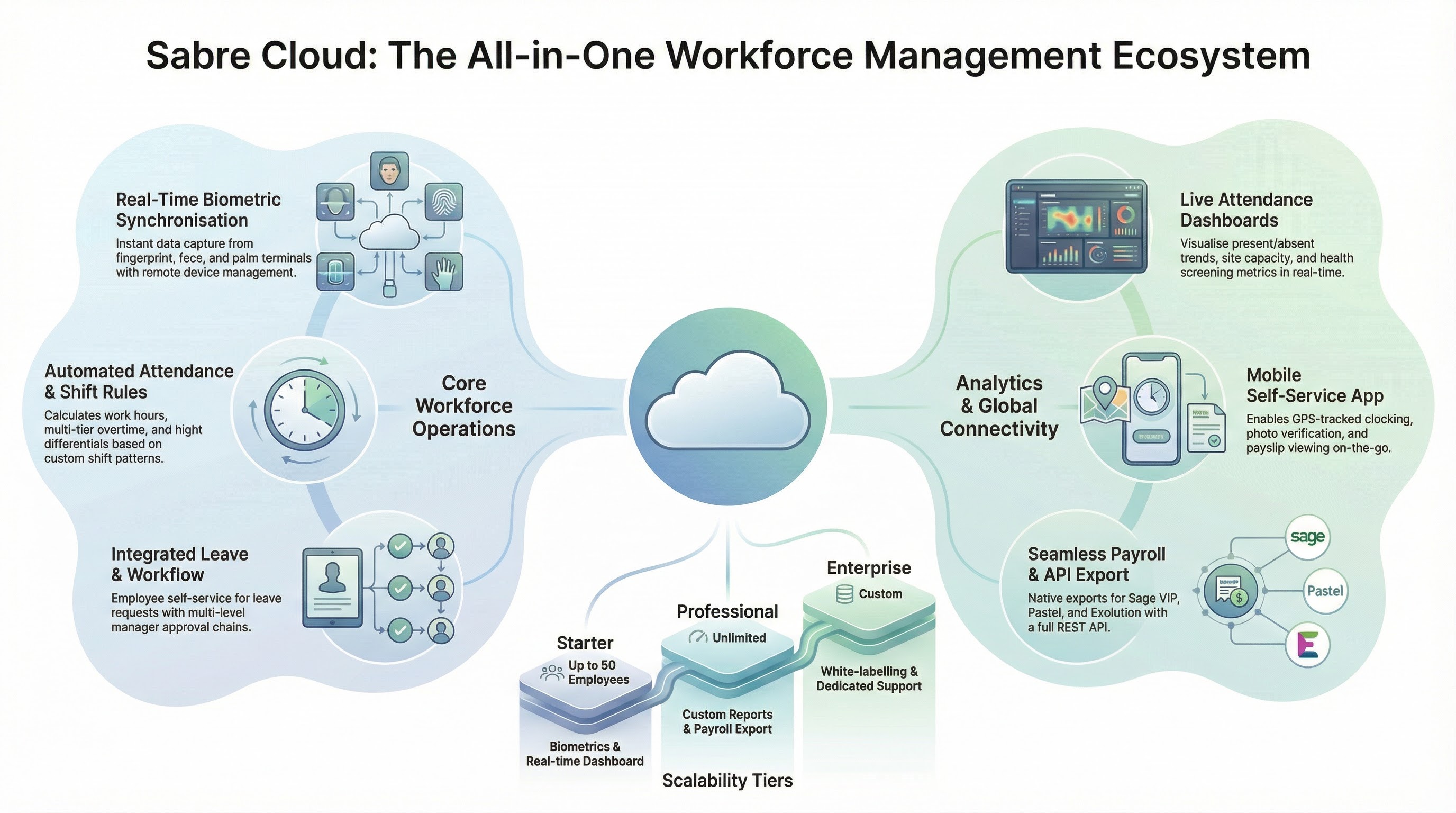 Sabre Cloud Workforce Management Ecosystem - showing biometric sync, attendance rules, leave management, dashboards, mobile app, payroll export, and scalability tiers